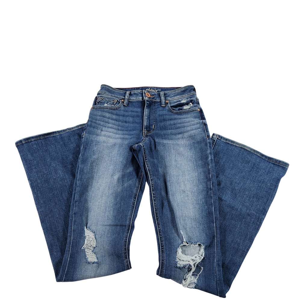 Edgely Womens High Rise Flare Distressed Jeans Medium Wash Blue Size 4 Long‎